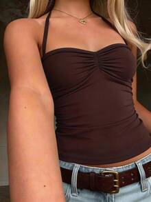 Y2K Sexy Ruched Front Camisole Top, Suitable For Beach, Casual Street, And Commute Summer - Brown - View 4