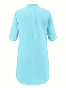 Fashion Me Solid Color Woven Pleated Texture Fabric Short Sleeve Mandarin Collar Fitted Polyester Fiber Material Teal Color Casual Solid Color Minimalist Mid-Length Dress, Suitable For Daily, Commuting, Spring, Summer, Autumn, Valentine's Day Elegant - Màu xanh Cadet - Xem 3