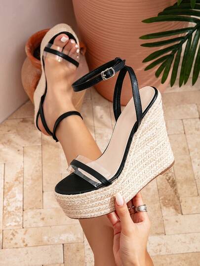 时尚新款黑色编织单带搭扣坡跟厚底高跟凉鞋，适合派对、度假、外出，简约舒适。