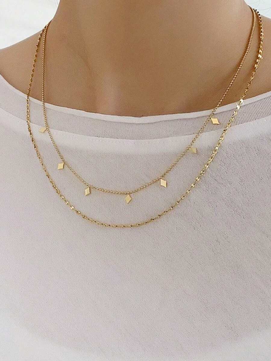 Tkool 1pc Women's Stainless Steel Gold-Tone Double-Layer Multi-Rhombus Tassel Shiny Floral Pendant Necklace (Pendant Quantity Random)
