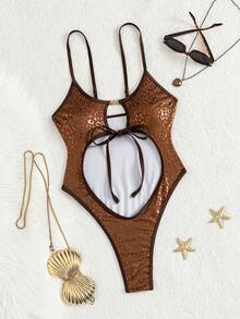2026 女士夏季沙滩比基尼泳装优雅性感露背女士沙滩装比基尼海滩度假女装吊带泳衣连衣裙泳衣高腰泳衣收腹泳衣连体泳衣细肩带豹纹印花烫金面料性感撞色包边 - 棕色 - 查看 3