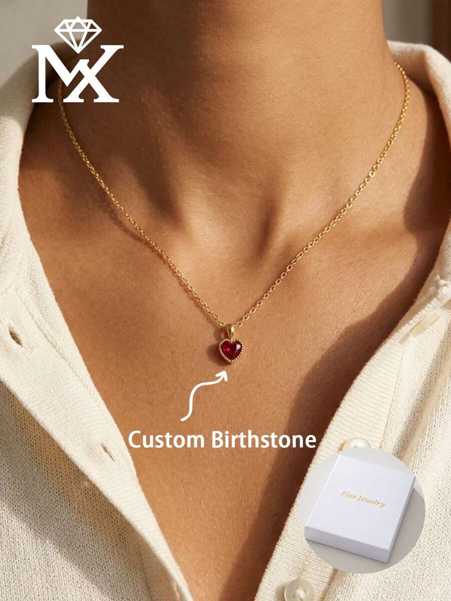 精致18K镀金心形红宝石项链，女士款，小巧的诞生石心形吊坠，个性化定制诞生石首饰，优雅周年纪念/生日礼物，简约复古风格项链 - 彩色 - 查看 1