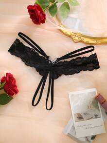性感蕾丝蝴蝶交叉设计开裆丁字裤 - 黑色 - 查看 1