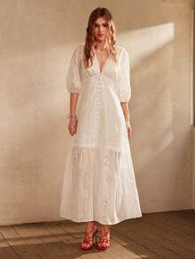 Z-White V-Neck Split Hem Floral Lace Dress2026 - 白色 - 查看 6
