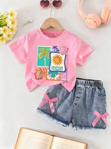 Baby Girl Cartoon Print Short Sleeve Top And Solid Color Denim Shorts - Pink - View 2