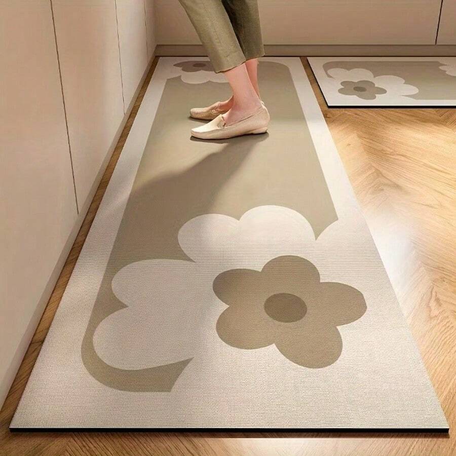 1 pieza Alfombra de poliéster lavable con estampado floral, alfombra de piso duradera para entrada, cocina, baño y dormitorio, solo lavado a mano, decoración de pasillo, estilo costero, alfombra pasillo, alfombra, alfombra de área, alfombra, decoración del hogar, alfombra de área para sala de estar, decoración del hogar para sala de estar, decoración de habitación, alfombra lavable - Multicolor - View 1