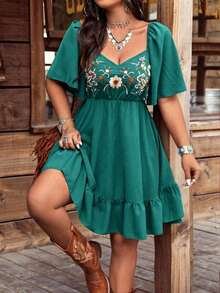 Bohemian Embroidered Square Collar Ruffle Sleeve Women Short Dress Elegant Summer - Green - View 2