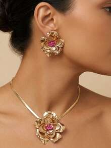 2 Sets Petal Textured Enamel Flower Pendant Necklace + Earrings Set, Vintage Romantic Style With 3D Multi-Layer Petals, Pink Enamel Flower Center, Snake Chain Design, Suitable For Women Who Love Delicate Style And Pursue Exquisite Details For Daily Wear Or Dates - Yellow Gold - View 5