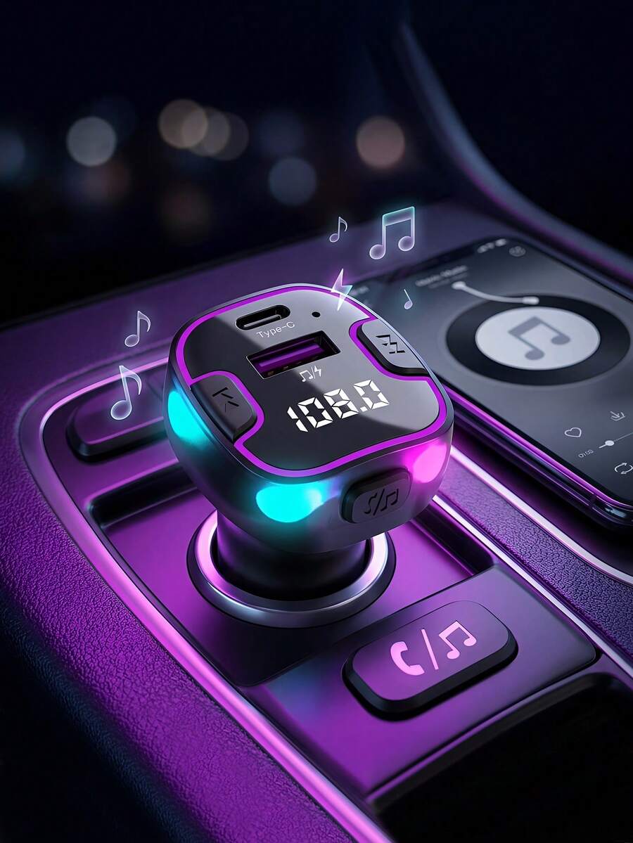REMAX 带彩色呼吸灯的蓝牙车载充电器；双 USB-C 接口，支持 USB 3.1A 快充；蓝牙 5.3，支持免提通话、音乐播放和导航；稳固贴合，多重充电保护；汽车配件；汽车必备；汽车用品