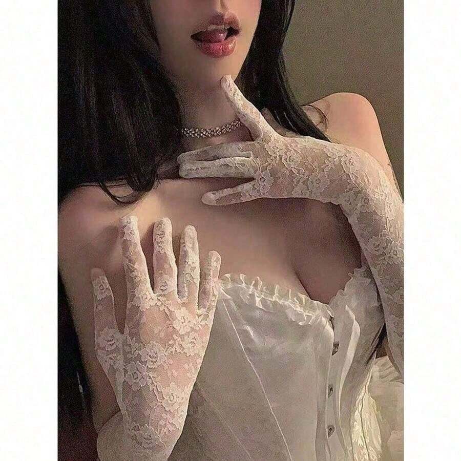 1 Pair Bride Lace Gloves, Sexy Long Thin White Arm Sleeve, Sexy Lolita Photo Shoot Prop Accessory Autumn Accessories - trắng - Xem 1