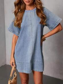 Vestido vaquero de mujer manga corta 2026, moderno, casual y holgado - Azul - Ver 6