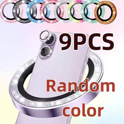 9片装随机颜色混搭，适用于 17/17 Pro Max/16/15/14/13/12/11 Pro Max Pro Plus Mini 17 Air，优雅闪亮金属环镜头保护膜，全面保护摄像头，防刮花，兼容手机壳，无气泡安装