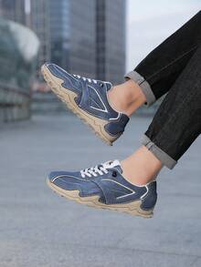 女士V形印花复古通勤鞋，PU皮革拼接手工章鱼缝线，橡胶防滑鞋底，套脚式，英伦时尚多功能健身骑行鞋 - 藍色 - 查看 5