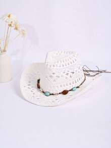1pc Unisex Spring Summer All Season Solid Color Hollow Out Handmade Woven Straw Panama Hat, Fashionable Beaded Hat Chain Decor Western Cowboy Hat, Vintage Personalized British Style, Straw Hat, Summer Outdoor Breathable Comfortable Sun Hat, Travel Vacation Beach Hat, Daily Outing - Straw Hat - View 17