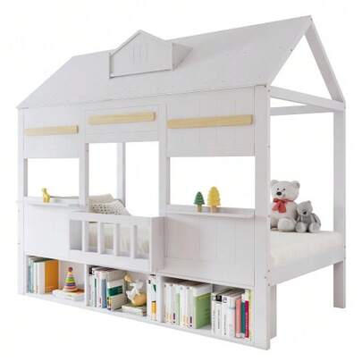 Children's Loft Bed, Elegant House-Shaped Design, With Integrated Shelf, Sturdy Slatted Base, Pine + MDF + Plywood, White, 90 X 200 Cm