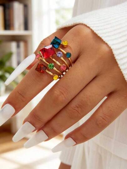 1 chiếc nhẫn kim loại nhiều lớp xoắn đính đá nhiều màu sắc hình học Dopamine Chic, thích hợp làm quà tặng cho phụ nữ đeo hàng ngày.