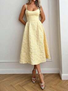 Summer Wedding Elegant Solid Color Sophisticated Lightweight Dress, Fitted Waist Spaghetti Strap Midi Dress, Pink Party,Casual Dress - 黃色 - 查看 2