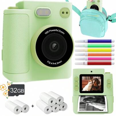 48MP 1080P Instant Print Camera With Fun Frames, Stickers And Filters, Dual Lens 16X Zoom Selfie Digital Camera With Puzzle Game And Music Player, Portable Toy With 2 Rolls Of Printing Paper And 6 Colored Pens, Durable Anti-Drop, High-Quality Clear Printing, Christmas/Birthday Gift
