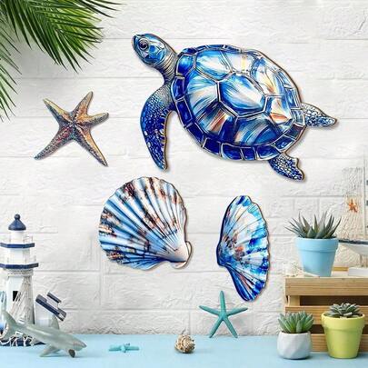 1/4 Piece Ocean-Style Wooden Wall Decoration, Turtle, Starfish, And Seashell Coastal Style Decorative Hanging, Summer Beach Party Decoration, Ocean-Themed Wooden Home Decoration, Suitable For Ocean View Rooms, Outdoor Beach Decorations, Home Wall Decorations, Living Room, Kitchen, And Bathroom Wall Decorations