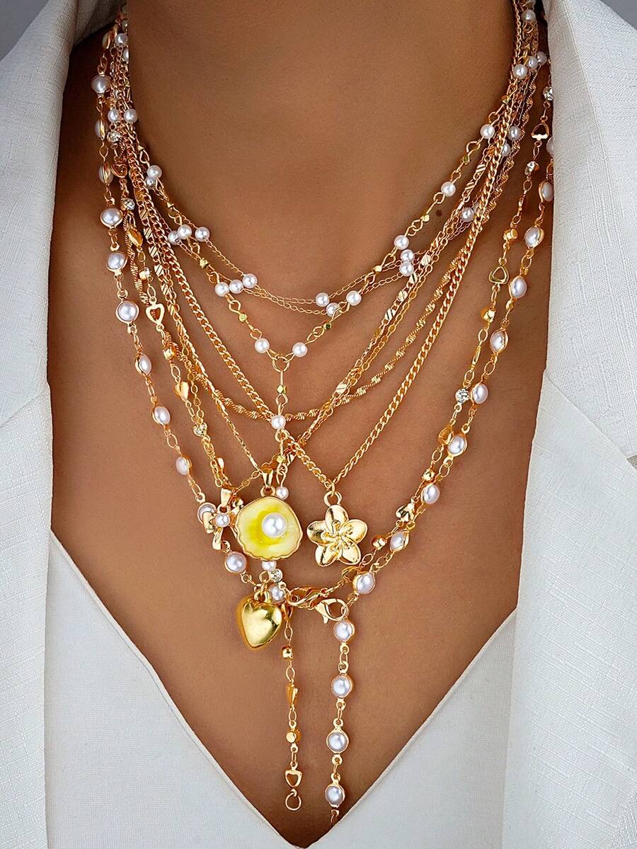 3件套混搭复古夸张造型项链套装，包含硬币、心形、贝壳花、仿珍珠Y型项链，适合姐妹、情侣、度假、约会、送礼、日常、休闲、派对、婚礼等场合。