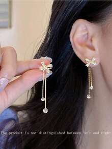 1 Pair Of Cute Bow Tassel Clip-On Earrings  Dainty Sweet Fringe Non-Pierced Ear Jewelry, Lightweight Design, Sparkling Delicate Accessory Daily Wear Date Party, Birthday Holiday Girls Friends - Vàng - Xem 8