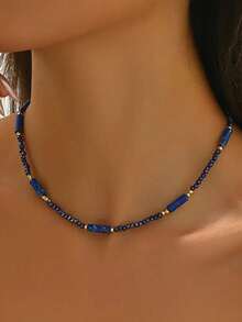 1 chiếc vòng cổ đá Lapis Lazuli hiệu National Elegance dành cho nữ, kiểu dáng choker đính hạt pha lê, đa năng và có thể đeo nhiều lớp, là món quà trang sức lý tưởng để đeo hàng ngày. - vòng cổ - Xem 8