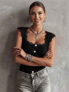 Women's Square Neck Vintage Elegant Solid Color Lace Trim Fitted Summer Knit Camisole, Contrasting Lace Design And Button Design, Multifunctional Fashion Black - Black - View 6
