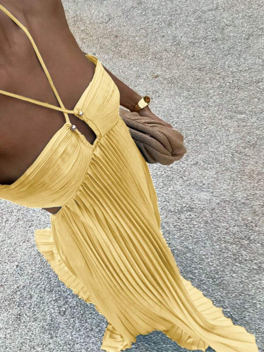Fashionable  Halter Neck Dress, New Solid Color Strapless Pleated Sleeveless Camisole Dress - 黃色 - 查看 1
