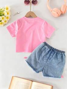 Baby Girl Cartoon Print Short Sleeve Top And Solid Color Denim Shorts - Pink - View 2