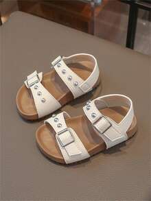 1 Pair Beige Sandals For Toddlers & Infants, Outdoor Beach Shoes, Soft Sole, Non-Slip, Hook And Loop Closure, Fashionable Solid Color, Cute Open Toe Design, Breathable, Quick Drying, Suitable For Spring & Summer, Beach & Outdoor Activities - Beige - View 2