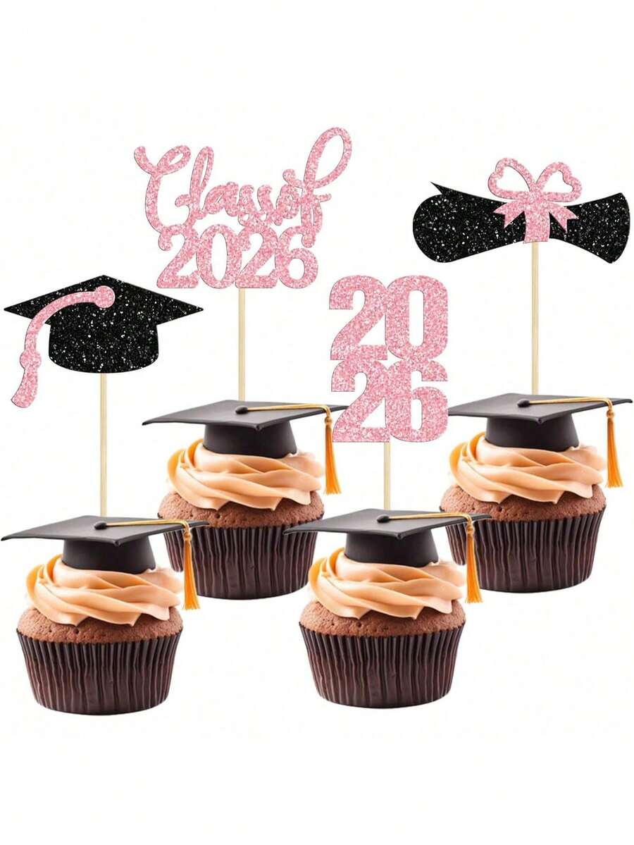 16pcs 2026 Graduation Cupcake Toppers, Pink Glitter Graduation Cap ...