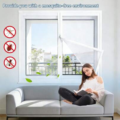 1pc White Hook And Loop Mosquito Net Screen, Self-Adhesive Zipper Style Window Screen, 2026 New Household Anti-Mosquito Device, No Drilling Installation