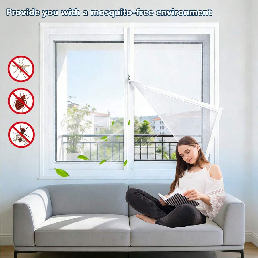 1pc White Hook And Loop Mosquito Net Screen, Self-Adhesive Zipper Style Window Screen, 2026 New Household Anti-Mosquito Device, No Drilling Installation - White - View 1