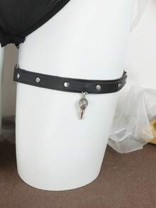 1件哥特式Y2K新月吊坠仿皮大腿吊袜带 - 黑色 - 查看 8