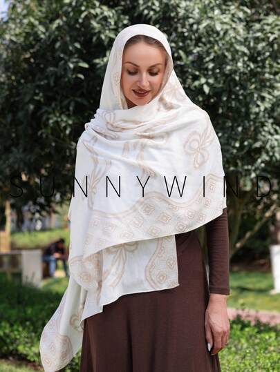 1 pieza Bufanda de mujer de poliéster con patrón de hojas y flores blancas, versátil y casual, adecuada para deportes al aire libre y uso diario