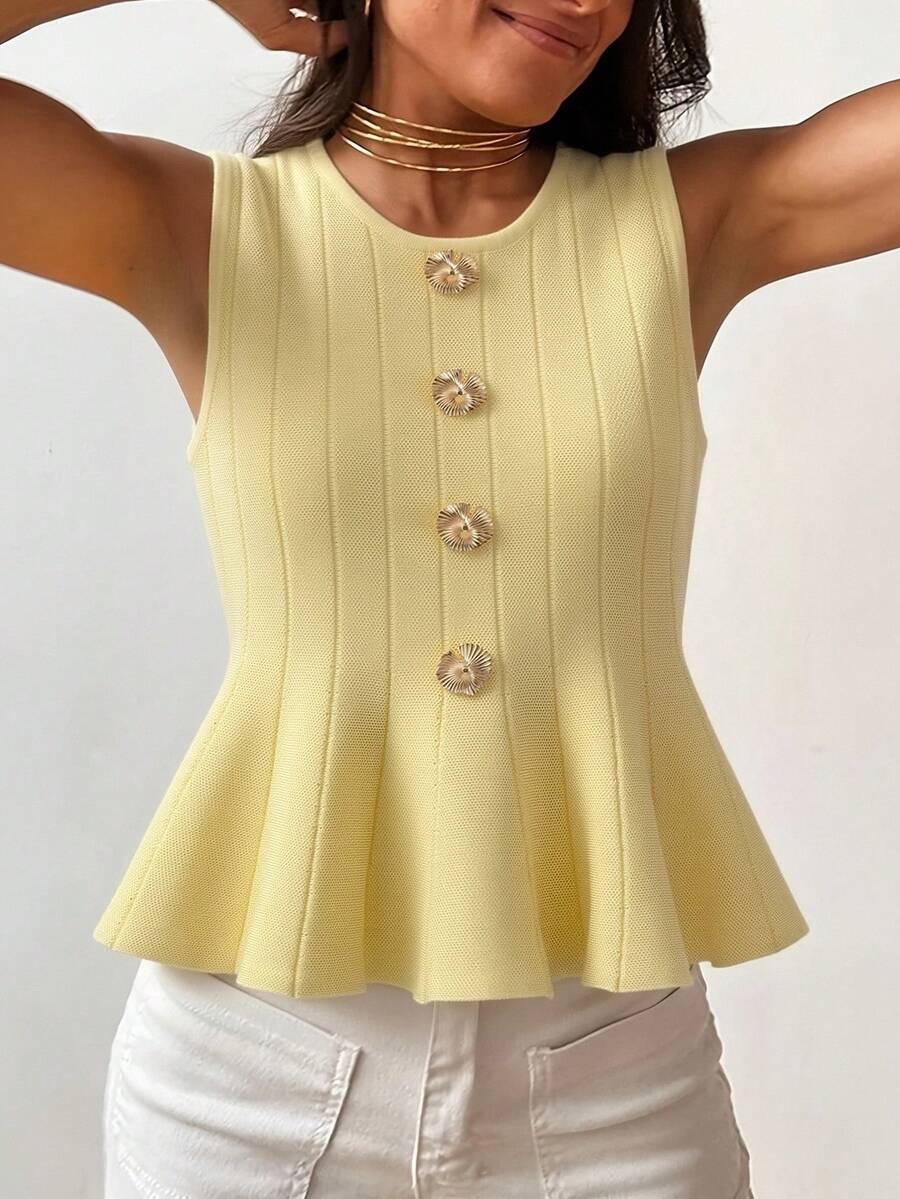 女士时尚夏季针织短袖开衫上衣，休闲修身T恤，带金属扣