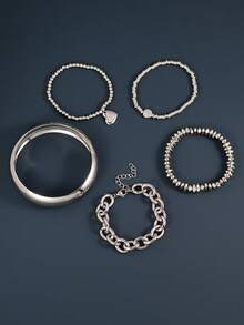 5pcs/Set Vintage Thick Silver Multilayer Bracelet Set, Fashion Personalized Chain With Pearl Heart Decor Smooth Bangle, Perfect Gift For Women - Silver - View 3