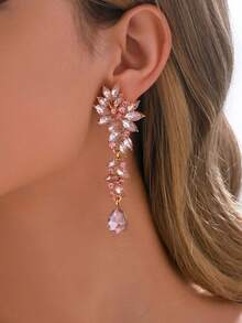 1 Pair Luxury Crystal Leaf & Water Drop Dangle Earrings, Suitable For Women's Wedding, Gala, Performance, Party And Other Occasions - Gold Pink - View 4