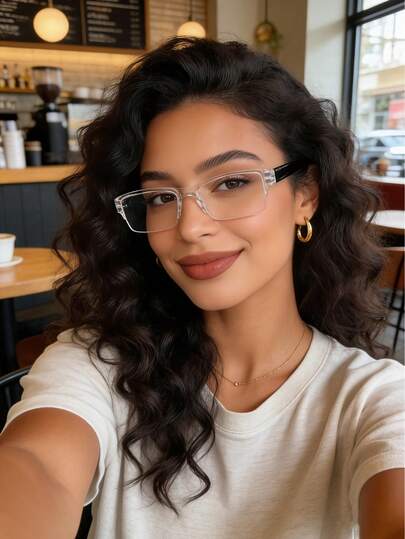 1 Cặp kính nữ kiểu dáng retro tối giản, hình chữ nhật, không gọng, tròng kính trong suốt, thích hợp để đeo hàng ngày, đi làm và học tập.