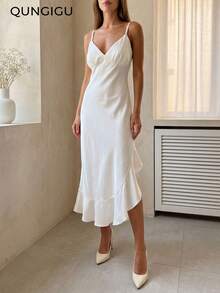 QUNGIGU Women's Elegant White Satin V-Neck Asymmetric Ruffle Hem Maxi Dress, Suitable For Pre-Wedding Parties And Formal Dinners - White - View 4