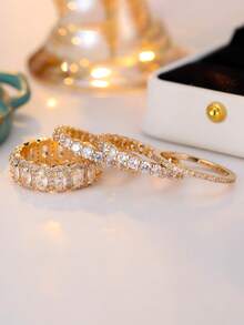 4 Stücke/Set funkelnder, luxuriöser Frauen-Ringset mit Vollzirkonia - charmante Accessoires für Frauen und Mädchen, perfekt für Geburtstage und Hochzeiten - Goldgelb - Übersicht 6