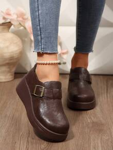 Teenage Girls' Retro Leather Platform Loafers, Buckle Wedge Casual Shoes, Comfortable Versatile Daily Wear - Brown - View 3