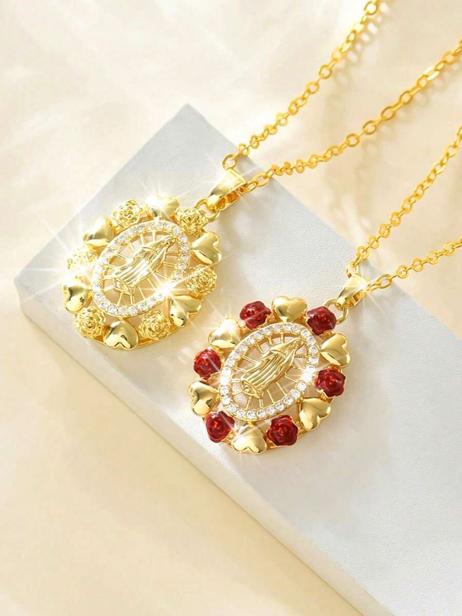 1 chiếc mặt dây chuyền hình oval sang trọng, tôn giáo, khắc họa chân dung Đức Mẹ Đồng Trinh, men đỏ rỗng, viền hoa hồng đỏ và khảm đá Zirconia siêu nhỏ, hình trái tim thanh lịch dành cho nữ. - vòng cổ - Xem 1