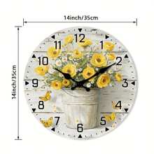2D Flat, Vintage Yellow Bouquet Wooden Wall Clock - No Chime, Round Analog Clock, Floral Design With White Flower Pot - Perfect For Kitchen, Home Office, Library, Hallway, Apartment Decor - Size 10inch,Mothers Day Gift,Adornos Para Sala,Sunflower,House Essentials - Style/Multiple Colors/10in/25cm - View 7