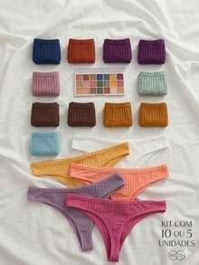 Set Of 10 Women's Ribbed Thong Panties With Cotton Lining - Nhiều màu - Xem 4
