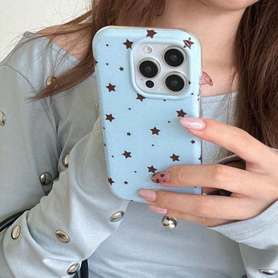 Vintage Star Pattern Soft Phone Case In Light Blue And Black, Tortoiseshell Foil Texture, Compatible With IPhone 16 Pro Max, Apple 15, New 14, 12 Pro, 13 Pro Max, Shockproof Protective Cover, Spring Gift For Women