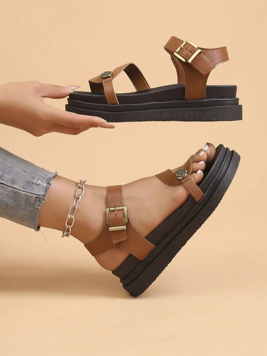 女士平底凉鞋，新款夏季厚底黑色凉鞋，罗马风格凉鞋，防滑百搭时尚休闲沙滩凉鞋