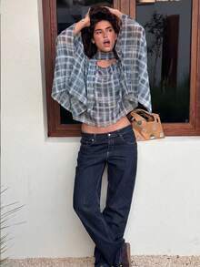 HH 女士时尚圆领蝙蝠袖格子围巾披肩，优雅女士春季服装 - 藏蓝色 - 查看 4