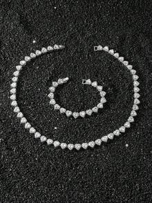 2 Stück/Set Hip Hop Stil komplett mit Strass besetztes herzförmiges verkettetes Halsketten- und Armband-Set - Liebe - Übersicht 4