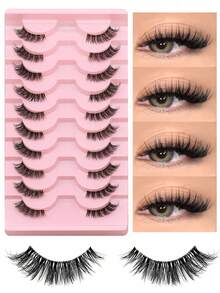 10 Pairs Half-Strip False Eyelashes, Transparent Band, Cat Eye Style, Short Soft 3D Mink-Like Natural Look Eyelashes (10B-5), Strip Eyelashes - Black - View 7